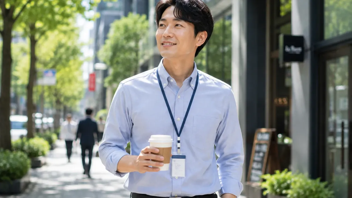 출근길에 사원증을 목에 건 직장인