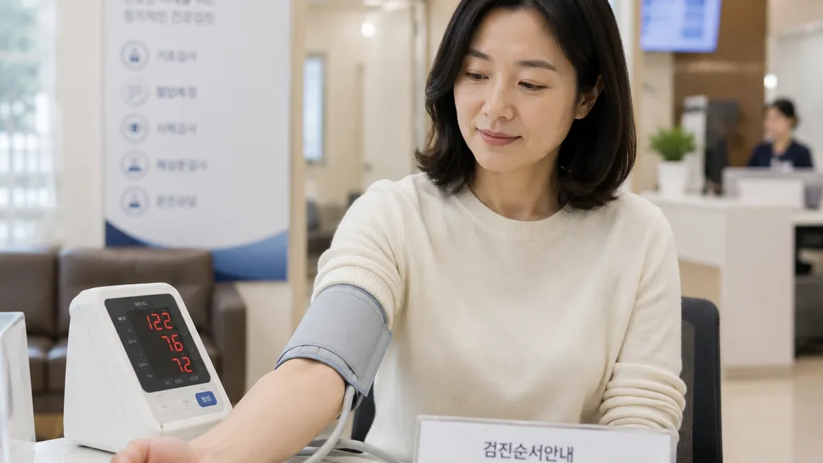 건강검진센터에서 혈압을 재는 여성